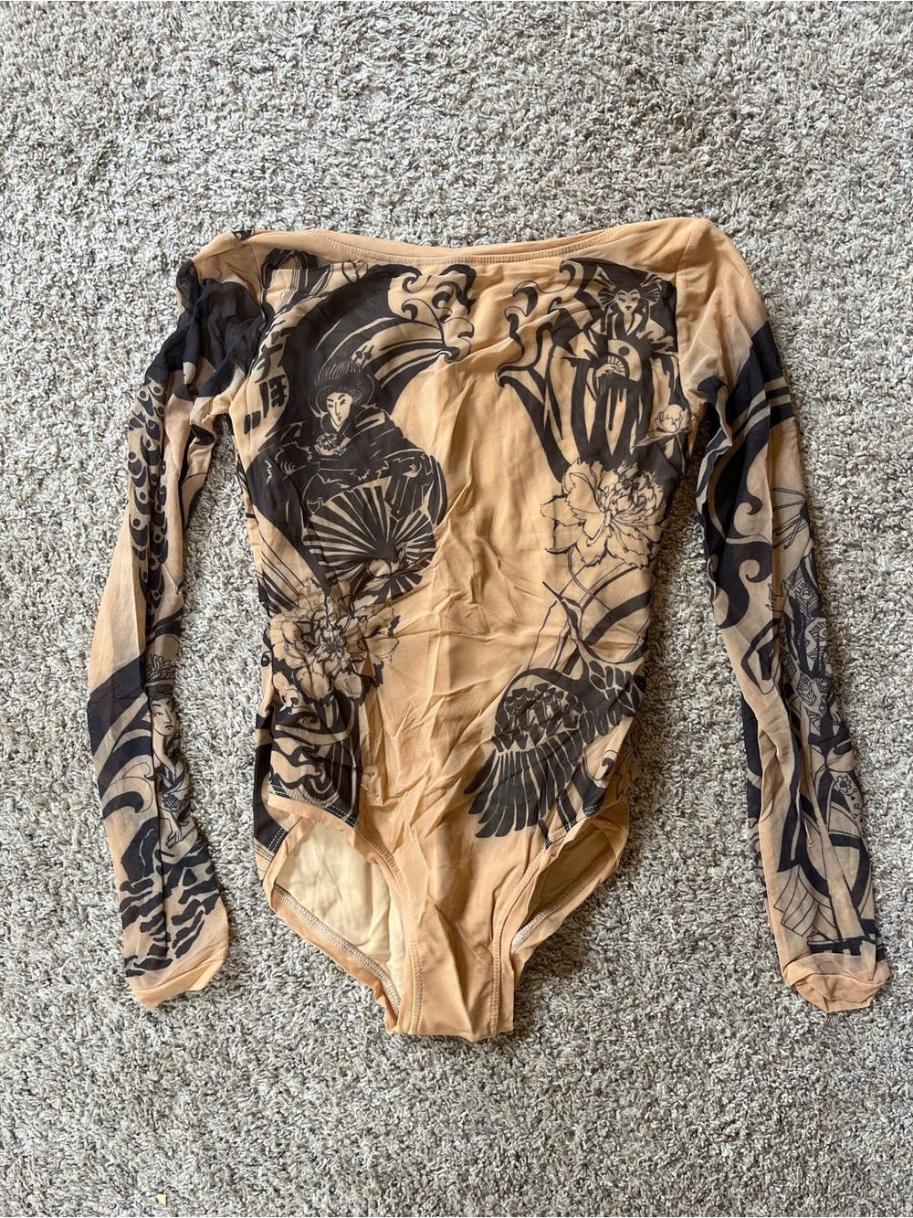 Discontinued Susha More Beige & Black Tattoo-Print Long Sleeve Leotard